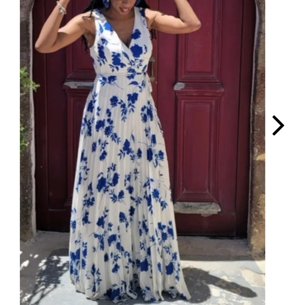 EUC Blue/White Floral Pleated Wrap Maxi Dress